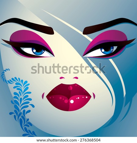 Coquette woman eyes and lips, stylish makeup and hairdo. People negative facial emotions, anger.