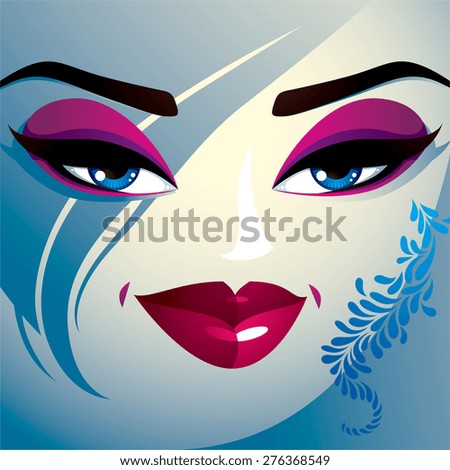 Coquette woman eyes and lips, stylish makeup and hairdo. People facial emotions.
