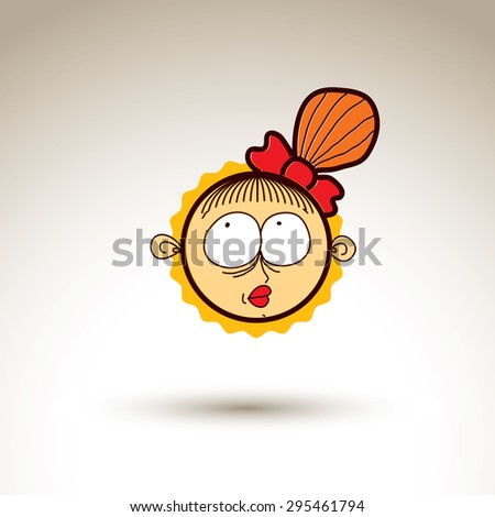 Vector artistic colorful drawing of happy dreamy girl with beautiful hairstyle, social network design element isolated on white. Childish illustration, emotions and human temperament concept.