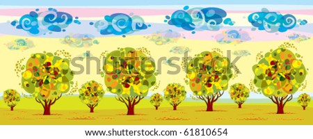 endless stylized autumn landscape with trees and clouds, leaves falling on wind, left to right seamless landscape