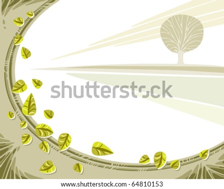 Landscape with leaves and tree, design background, layered
