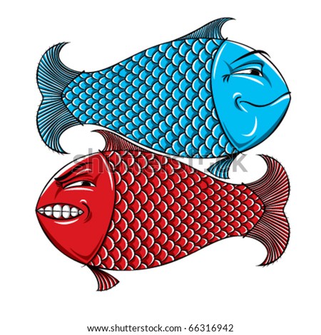 Two fishes. Emotions, characters, happy and angry. Yin yang.