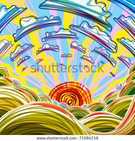 Sunrise Illustration. Bright, Colorful, Cartoon Style. - 71086258