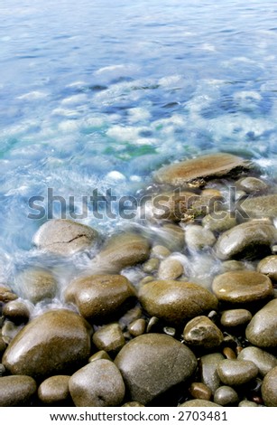 Blurred waves rolling onto rocks