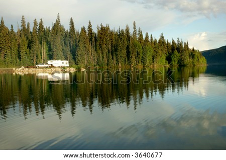 Camping with RV trailer on Meziadin Lake, British Columbia, Canada