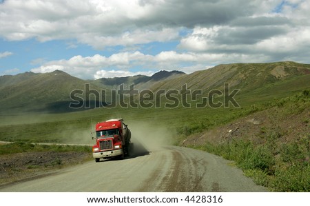 Semi truck on Dempster Highway above Arctic Circle, Canada