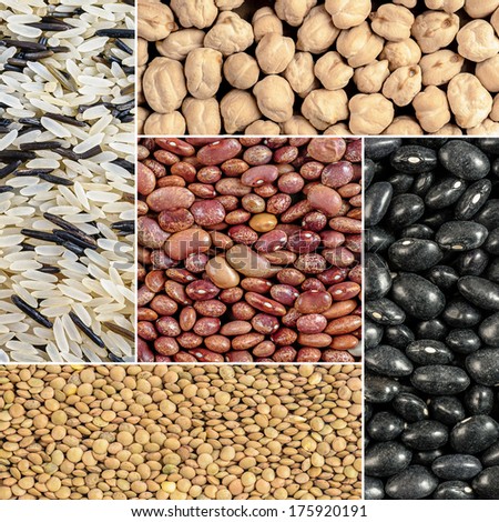 Beans, lentils, rice, chickpeas collage