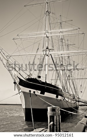 Old ship with masts, black and white