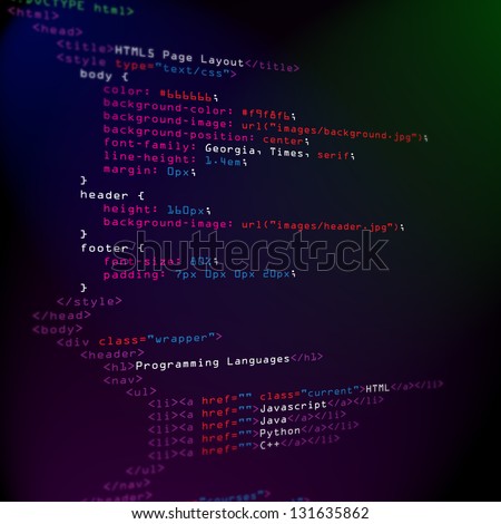 Color coded HTML and CSS programming languages on screen
