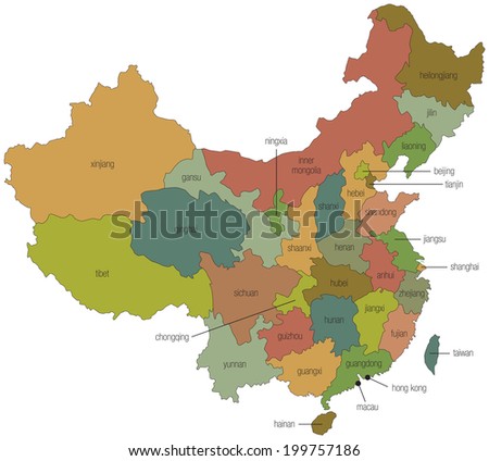 A multicolored map of china with the province names called out