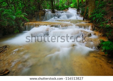 Waterfall in spring season located in deep rain forest jungle.