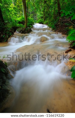Waterfall in spring season located in deep rain forest jungle.