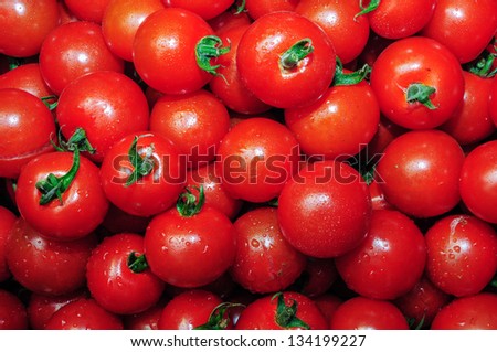 Close up of many fresh red tomatoes cherry type.