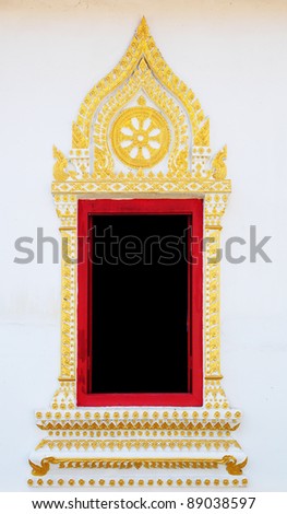 Ancient frame of golden window of Thai temple on white background