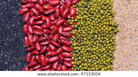 Green bean, red bean and black and white sesame seed background. Agriculture product, cereal, food.