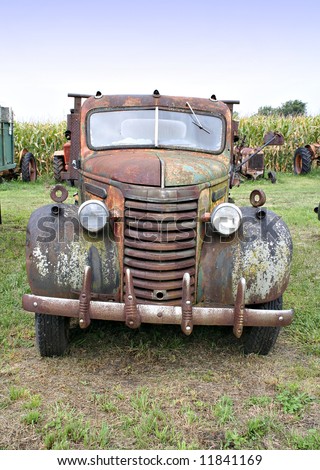 A front view of an old farm truck