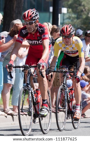 BOULDER, CO - AUGUST 25:  Retiring professional cyclist George Hincapie rides in front of BMC team mate Tejay Van Garderen on August 25, 2012 in Boulder, CO.