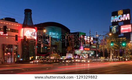 LAS VEGAS, NV - FEBRUARY 17:  Neon lights and traffic on the Las Vegas Strip in the early morning, just days before a shootout that killed three - Las Vegas, NV - February 17, 2013.