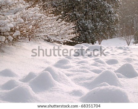 Bumps of snow form on the snow covered ground