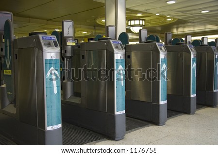 Train Station ticket machines in a row.