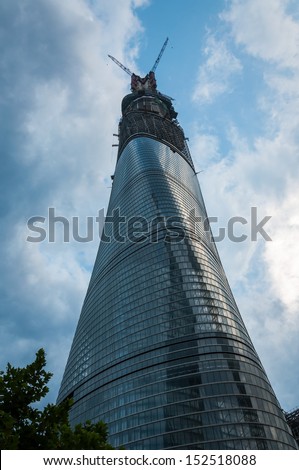 SHANGHAI, CHINA - AUGUST 1: Looking up at the Shanghai Tower, which is still under construction, on August 1, 2013 in Shanghai China. The skyscraper is due for completion in 2014.