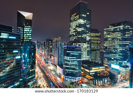 City lights in the Gangnam district of Seoul, South Korea.