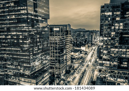 The skyscrapers of Gangnam at sunset in Seoul, South Korea.