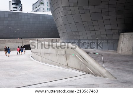 SEOUL, SOUTH KOREA - AUGUST 24: Architectural detail of the new Dongdaemun Design Plaza in Seoul, designed by world famous architect Zaha Hadid. Photo taken August 24, 2014 in Seoul, South Korea.