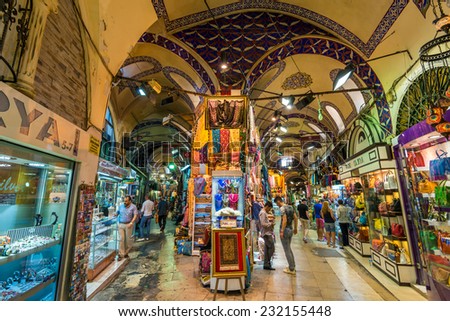 ISTANBUL, TURKEY - JULY 31, 2014: Tourists and locals mix at the Grand Bazaar on July 31, 2014 in Istanbul, Turkey.