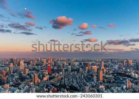 Tokyo Tower stands out among the Tokyo cityscape as dusk falls over Japan.