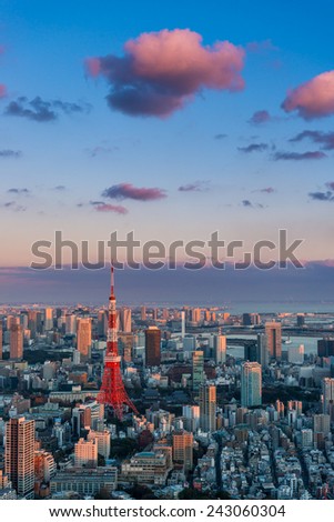 Tokyo Tower stands out among the Tokyo cityscape as dusk falls over Japan.