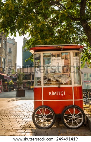 ISTANBUL, TURKEY - JULY 27: Simits (a circular bread) are sold by a street vendor on July 27, 2014 in Istanbul, Turkey.