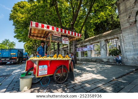 ISTANBUL, TURKEY - JULY 29: A local vendor sells corn on the cob outside of the Blue Mosque in the Sultanahmet district on July 29, 2014 in Istanbul, Turkey.