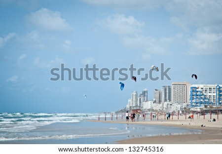 Surf beach. The border cities of Rishon Lezion and Bat Yam. Israel