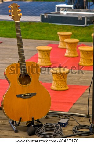 The guitar and drums on stage before the concert.