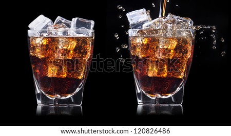 set of Fresh cola drink  with ice and splash on a black background