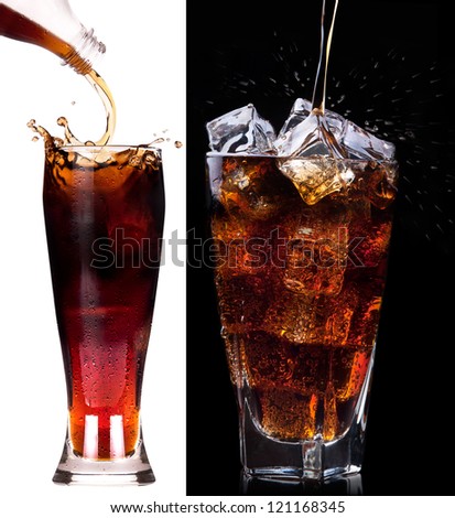 Fresh cola drink background with ice and splash isolated on a white