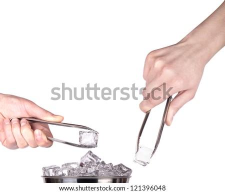 ice bucket  with hand holding Ice tongs isolated on a white background