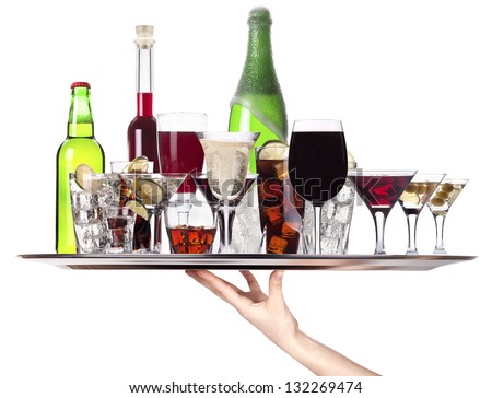 different alcohol drinks on a tray -beer,cocktail,champagne,wine,whiskey,cola