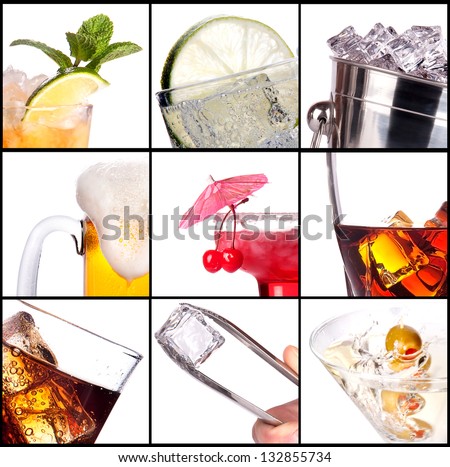 collage with alcohol cocktails - beer, martini, soda,cola,cocktail,wine,whiskey