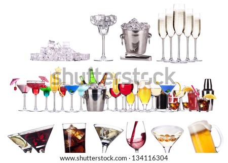 Set of different alcoholic drinks and cocktails - beer,martini,soda,champagne,whiskey,wine,cola,cocktail