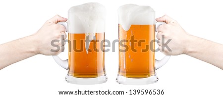 beer with man and woman hand making toast isolated on a white background