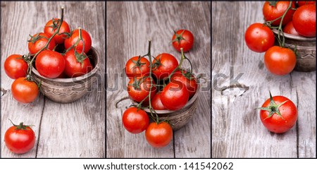 Cherry tomatoes on wooden table with water drops