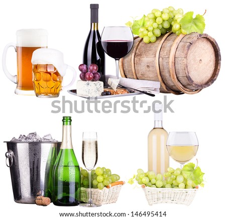 champagne, red and white  wine,beer,ice bucket,food,grapes isolated over white background