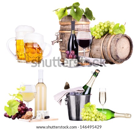 champagne, red and white  wine,beer,ice bucket,food,grapes isolated over white background