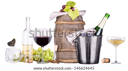 champagne, red and white  wine,ice bucket,food,grapes isolated over white background