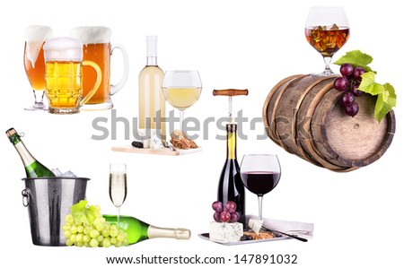 champagne, red and white  wine,beer, brandy,ice bucket,food,grapes isolated over white background