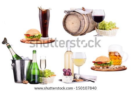 champagne, wine, beer, ice, food, grapes, cola, burger