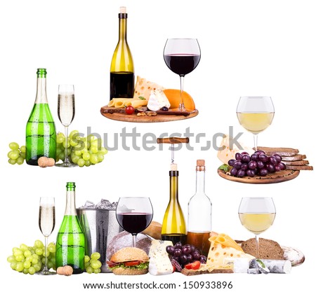 Set of different alcoholic drinks and food - grapes,burger,champagne,wine
