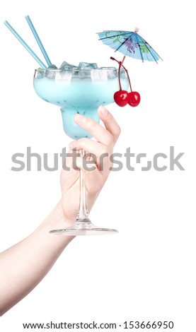 hand with alcohol cocktail making toast isolated on a white background